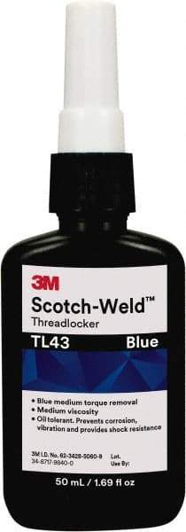 3M - 50 mL, Blue, Medium Strength Liquid Threadlocker - Series TL43, 24 hr Full Cure Time - Apex Tool & Supply