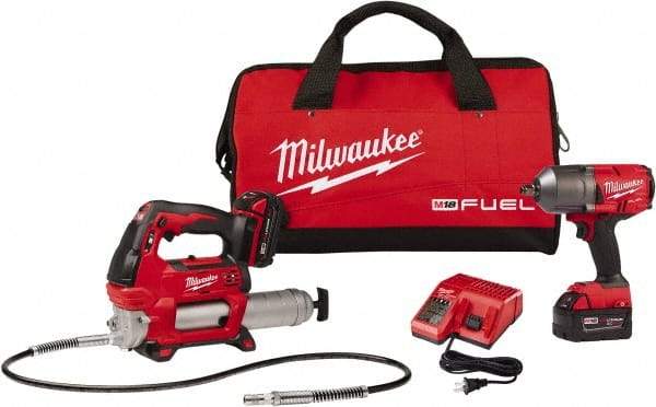 Milwaukee Tool - 1/2" Drive 18 Volt Pistol Grip Cordless Impact Wrench & Ratchet - 550/1,400/1,750 RPM, 0 to 2,100 BPM, 1,400 Ft/Lb Torque, 2 Lithium-Ion Batteries Included - Apex Tool & Supply