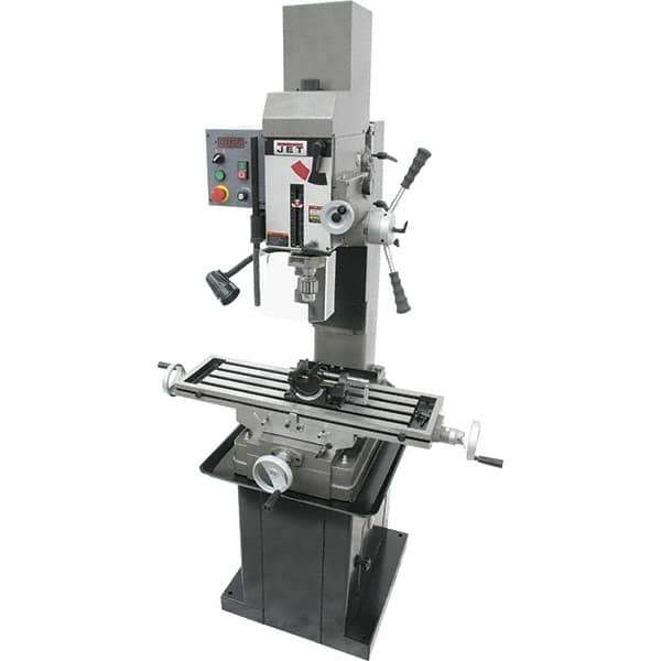 Jet - 3 Phase, 19-11/16" Swing, Geared Head Mill Drill Combination - 32-1/4" Table Length x 9-1/2" Table Width, 20-1/2" Longitudinal Travel, 8-1/4" Cross Travel, Variable Spindle Speeds, 1.5 hp, 230 Volts - Apex Tool & Supply
