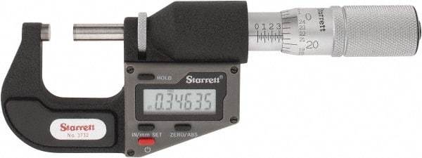 Starrett - 0 to 25 mm Range, 0.0001" Resolution, Standard Throat, Electronic Outside Micrometer - 0.0001" Accuracy, Friction Thimble, Micro Lapped Carbide Face, CR2450 Battery, Includes 3V Battery - Apex Tool & Supply