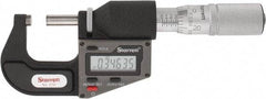 Starrett - 0 to 25 mm Range, 0.0001" Resolution, Standard Throat, Electronic Outside Micrometer - 0.0001" Accuracy, Friction Thimble, Micro Lapped Carbide Face, CR2450 Battery, Includes 3V Battery - Apex Tool & Supply