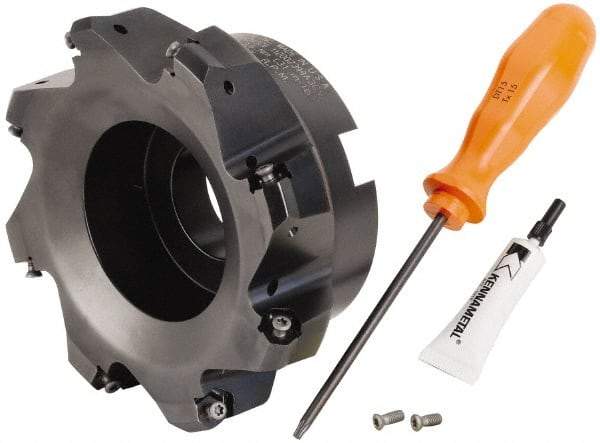 Kennametal - 5" Cut Diam, 1-1/2" Arbor Hole, 3.23mm Max Depth of Cut, 45° Indexable Chamfer & Angle Face Mill - 8 Inserts, HNGJ 0604... Insert, Right Hand Cut, 8 Flutes, Through Coolant, Series Dodeka Mini - Apex Tool & Supply