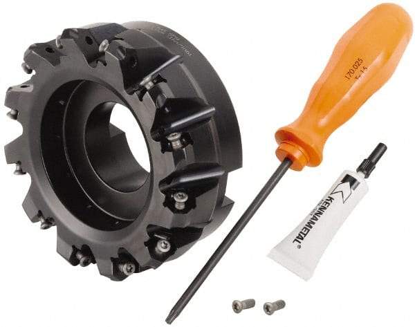 Kennametal - 4" Cut Diam, 1-1/2" Arbor Hole, 3.23mm Max Depth of Cut, 45° Indexable Chamfer & Angle Face Mill - 12 Inserts, HNGJ 0604... Insert, Right Hand Cut, 12 Flutes, Through Coolant, Series Dodeka Mini - Apex Tool & Supply