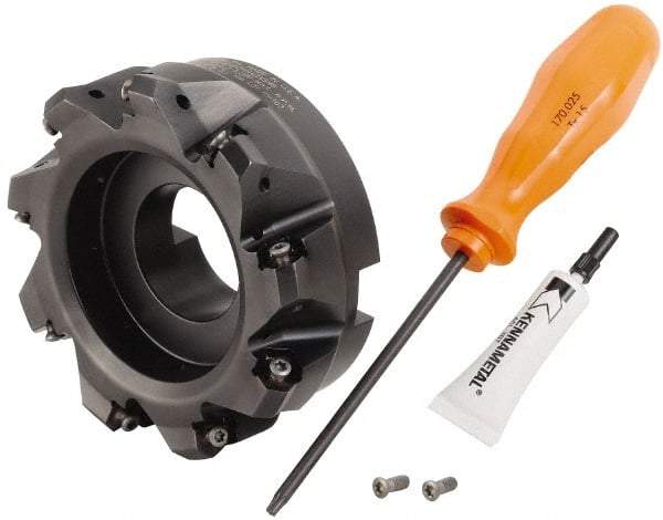 Kennametal - 4" Cut Diam, 1-1/2" Arbor Hole, 3.23mm Max Depth of Cut, 45° Indexable Chamfer & Angle Face Mill - 9 Inserts, HNGJ 0604... Insert, Right Hand Cut, 9 Flutes, Through Coolant, Series Dodeka Mini - Apex Tool & Supply