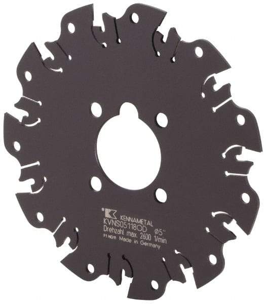 Kennametal - Arbor Hole Connection, 1/8" Cutting Width, 1-3/8" Depth of Cut, 5" Cutter Diam, 1-1/4" Hole Diam, 11 Tooth Indexable Slotting Cutter - KVNS Toolholder, OD 3118.. Insert - Apex Tool & Supply