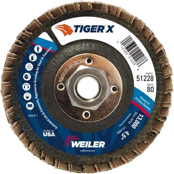 Weiler - 181 Grit, 4-1/2" Disc Diam, 5/8-11 Center Hole, Type 27 Zirconia Alumina Flap Disc - 13,000 Max RPM, Phenolic Backing, Arbor Attaching System, Coated - Apex Tool & Supply