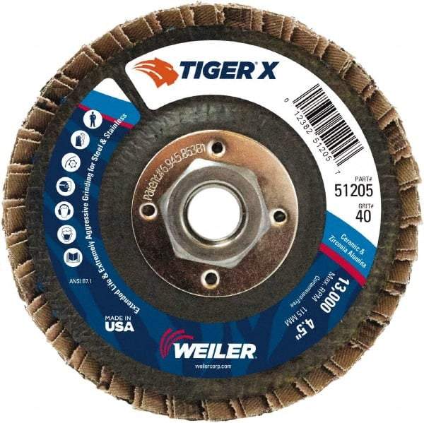Weiler - 426 Grit, 4-1/2" Disc Diam, 5/8-11 Center Hole, Type 29 Zirconia Alumina Flap Disc - 13,000 Max RPM, Phenolic Backing, Arbor Attaching System, Coated - Apex Tool & Supply
