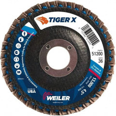 Weiler - 501 Grit, 4-1/2" Disc Diam, 7/8" Center Hole, Type 29 Zirconia Alumina Flap Disc - 13,000 Max RPM, Phenolic Backing, Arbor Attaching System, Coated - Apex Tool & Supply