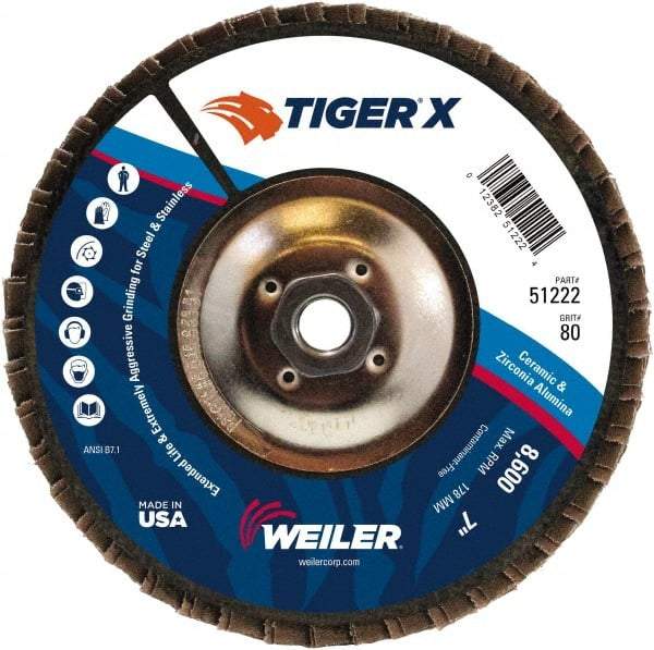Weiler - 181 Grit, 7" Disc Diam, 5/8-11 Center Hole, Type 29 Zirconia Alumina Flap Disc - 8,600 Max RPM, Phenolic Backing, Arbor Attaching System, Coated - Apex Tool & Supply
