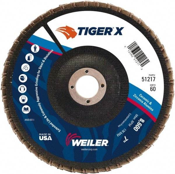 Weiler - 60 Grit, 7" Disc Diam, 7/8" Center Hole, Type 29 Zirconia Alumina Flap Disc - 8,600 Max RPM, Phenolic Backing, Arbor Attaching System, Coated - Apex Tool & Supply