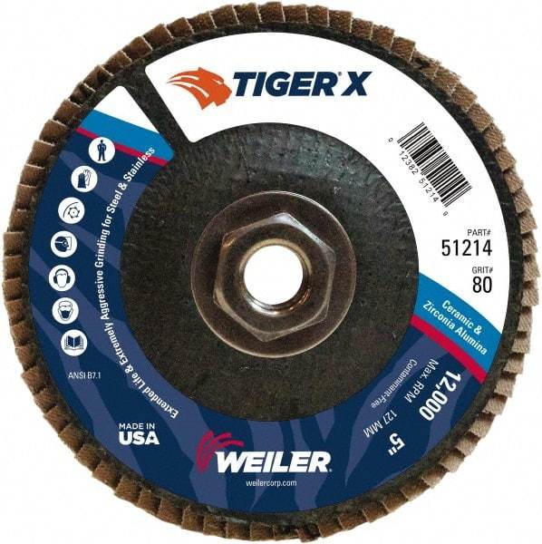 Weiler - 181 Grit, 5" Disc Diam, 5/8-11 Center Hole, Type 29 Zirconia Alumina Flap Disc - 12,000 Max RPM, Phenolic Backing, Arbor Attaching System, Coated - Apex Tool & Supply