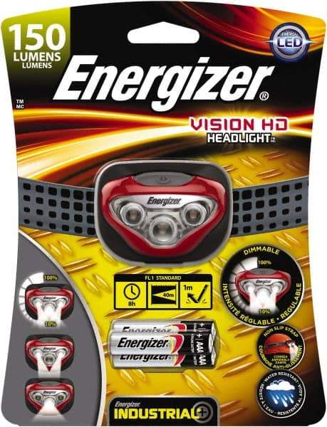 Energizer - White LED Bulb, 180 Lumens, Hands-free Flashlight - Red, Gray Plastic Body, 3 AAA Alkaline Batteries Included - Apex Tool & Supply