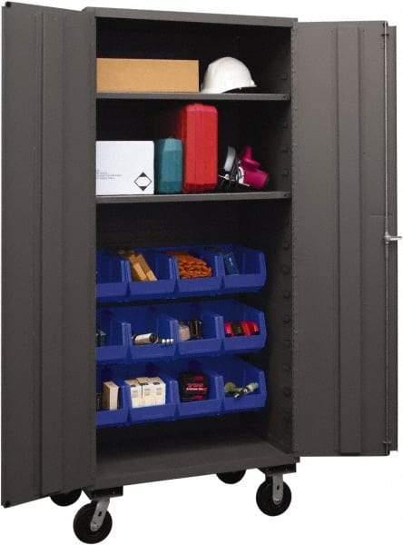 Durham - 2 Shelf 12 Bin Mobile Storage Cabinet - Steel, 36" Wide x 24" Deep x 80" High, Blue - Apex Tool & Supply