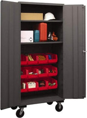 Durham - 2 Shelf 12 Bin Mobile Storage Cabinet - Steel, 36" Wide x 24" Deep x 80" High, Red - Apex Tool & Supply