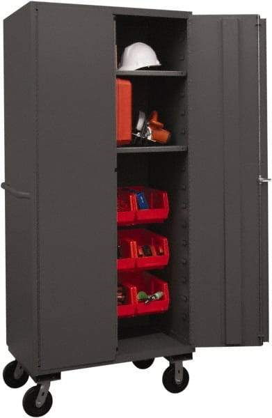 Durham - 2 Shelf 12 Bin Mobile Storage Cabinet - Steel, 36" Wide x 24" Deep x 80" High, Red - Apex Tool & Supply