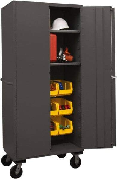 Durham - 2 Shelf 12 Bin Mobile Storage Cabinet - Steel, 36" Wide x 24" Deep x 80" High, Yellow - Apex Tool & Supply