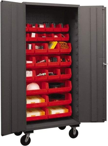 Durham - 30 Bin Mobile Storage Cabinet - Steel, 36" Wide x 24" Deep x 80" High, Red - Apex Tool & Supply