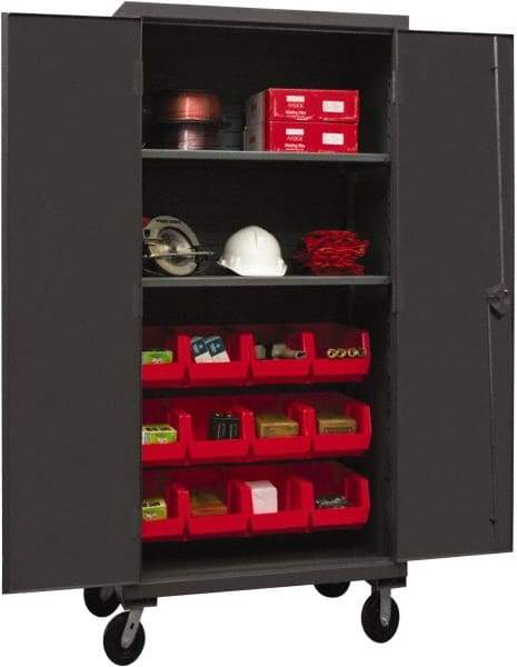 Durham - 2 Shelf 12 Bin Mobile Storage Cabinet - Steel, 36" Wide x 24" Deep x 80" High, Red - Apex Tool & Supply