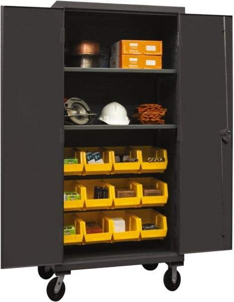 Durham - 2 Shelf 12 Bin Mobile Storage Cabinet - Steel, 36" Wide x 24" Deep x 80" High, Yellow - Apex Tool & Supply