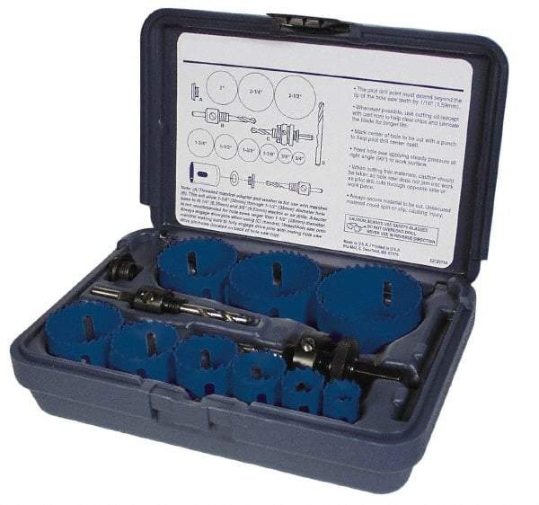 Disston - 7 Piece, 7/8" to 1-1/2" Saw Diam, General Purpose Hole Saw Kit - Bi-Metal, Toothed Edge, Pilot Drill Model No. E0102457, Includes 5 Hole Saws - Apex Tool & Supply