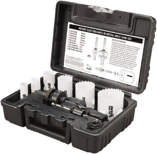 Disston - 9 Piece, 16mm to 51" Saw Diam, Electrician's Hole Saw Kit - Bi-Metal, Toothed Edge, Pilot Drill Model No. E0102457, Includes 6 Hole Saws - Apex Tool & Supply