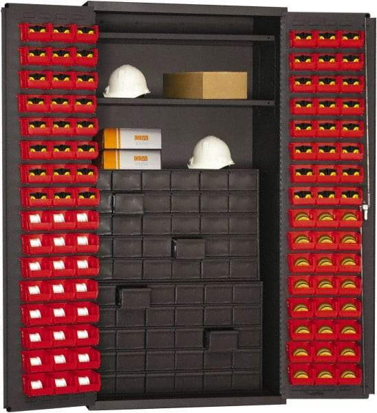 Durham - 2 Shelf 96 Bin Storage Cabinet - Steel, 36" Wide x 24" Deep x 72" High, Red - Apex Tool & Supply