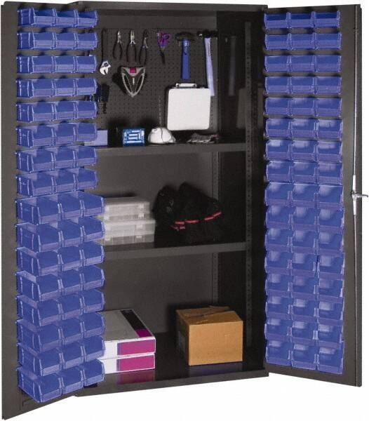 Durham - 2 Shelf 96 Bin Storage Cabinet - Steel, 36" Wide x 24" Deep x 72" High, Blue - Apex Tool & Supply