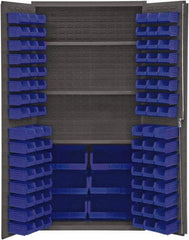 Durham - 3 Shelf 102 Bin Storage Cabinet - Steel, 36" Wide x 24" Deep x 72" High, Blue - Apex Tool & Supply