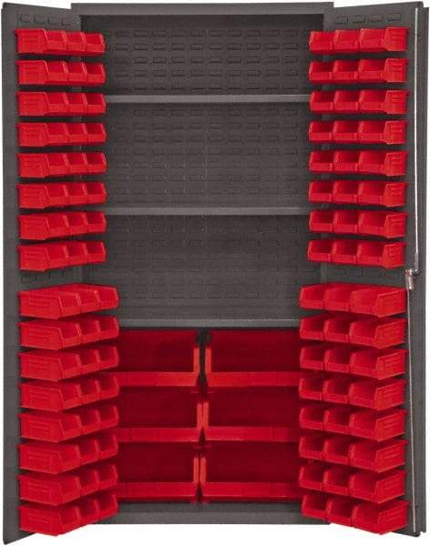 Durham - 3 Shelf 102 Bin Storage Cabinet - Steel, 36" Wide x 24" Deep x 72" High, Red - Apex Tool & Supply