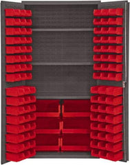 Durham - 3 Shelf 102 Bin Storage Cabinet - Steel, 36" Wide x 24" Deep x 72" High, Red - Apex Tool & Supply