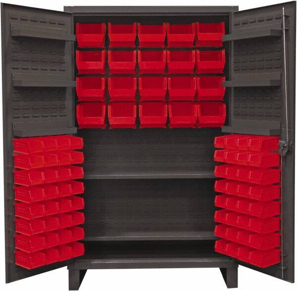 Durham - 2 Shelf 84 Bin Storage Cabinet - Steel, 48" Wide x 24" Deep x 78" High, Red - Apex Tool & Supply