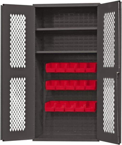 Durham - 2 Shelf 15 Bin Storage Cabinet - Steel, 36" Wide x 24" Deep x 72" High, Red - Apex Tool & Supply
