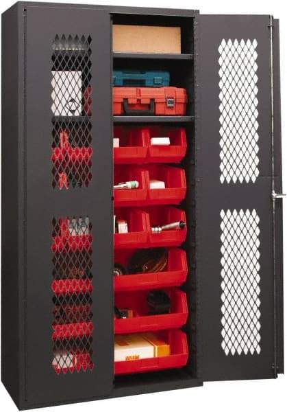 Durham - 2 Shelf 15 Bin Storage Cabinet - Steel, 36" Wide x 18" Deep x 72" High, Red - Apex Tool & Supply