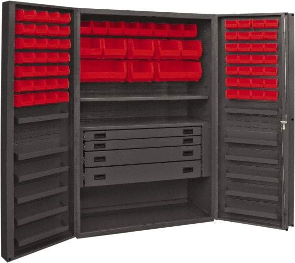 Durham - 2 Shelf 72 Bin Storage Cabinet - Steel, 48" Wide x 24" Deep x 72" High, Red - Apex Tool & Supply