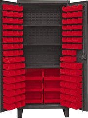 Durham - 3 Shelf 102 Bin Storage Cabinet - Steel, 36" Wide x 24" Deep x 78" High, Red - Apex Tool & Supply