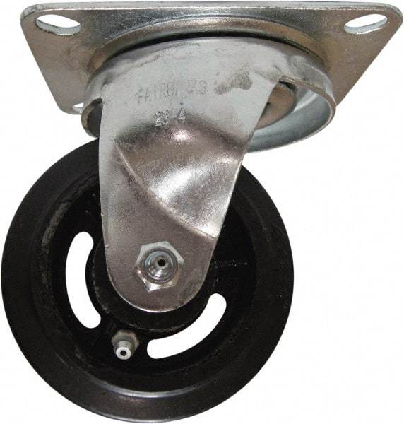 Fairbanks - 4" Diam x 1-1/2" Wide x 5-1/4" OAH Top Plate Mount Swivel Caster - Mold on Rubber, 200 Lb Capacity, Roller Bearing, 4 x 5" Plate - Apex Tool & Supply