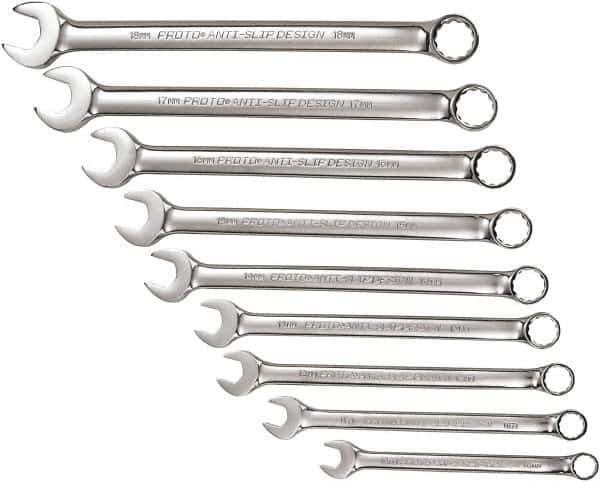 Proto - 9 Piece, 10mm to 18mm, 12 Point Combination Wrench Set - Metric Measurement Standard, Full Polish Chrome Finish, Comes in Tool Roll - Apex Tool & Supply