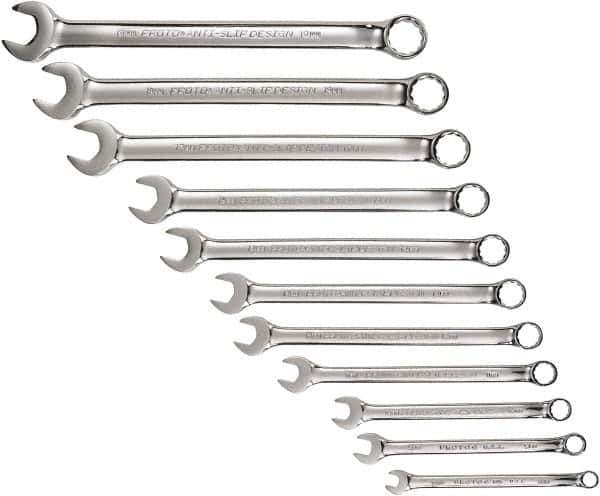 Proto - 11 Piece, 7mm to 19mm, 12 Point Combination Wrench Set - Metric Measurement Standard, Full Polish Chrome Finish, Comes in Tool Roll - Apex Tool & Supply