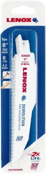 Lenox - 6" Long x 7/8" Thick, Bi-Metal Reciprocating Saw Blade - Straight Profile, 6 TPI, Toothed Edge - Apex Tool & Supply