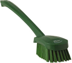 Vikan - 1.3" Bristle Length, Polyester Scrub Brush - 4" Long x 2-3/4" Wide Head, 15-3/4" OAL, Green, Polypropylene Block - Apex Tool & Supply