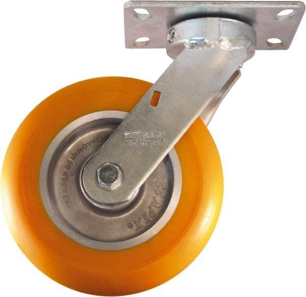 Caster Connection - 8" Diam x 2" Wide x 9-1/2" OAH Top Plate Mount Swivel Caster - Polyurethane on Aluminum, 1,200 Lb Capacity, Sealed Precision Ball Bearing, 4 x 4-1/2" Plate - Apex Tool & Supply