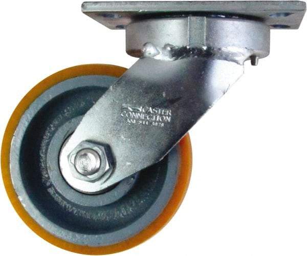 Caster Connection - 6" Diam x 3" Wide x 7-1/2" OAH Top Plate Mount Swivel Caster - Polyurethane on Iron, 2,300 Lb Capacity, Sealed Precision Ball Bearing, 4-1/2 x 6-1/4" Plate - Apex Tool & Supply