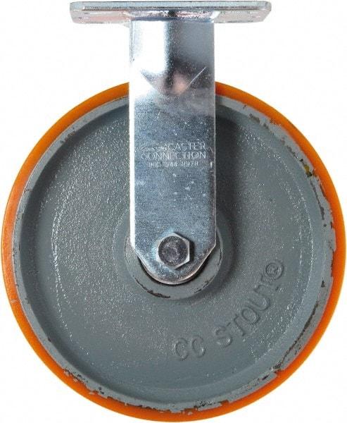 Caster Connection - 8" Diam x 2" Wide x 9-1/2" OAH Top Plate Mount Rigid Caster - Polyurethane on Iron, 1,500 Lb Capacity, Sealed Precision Ball Bearing, 4 x 4-1/2" Plate - Apex Tool & Supply