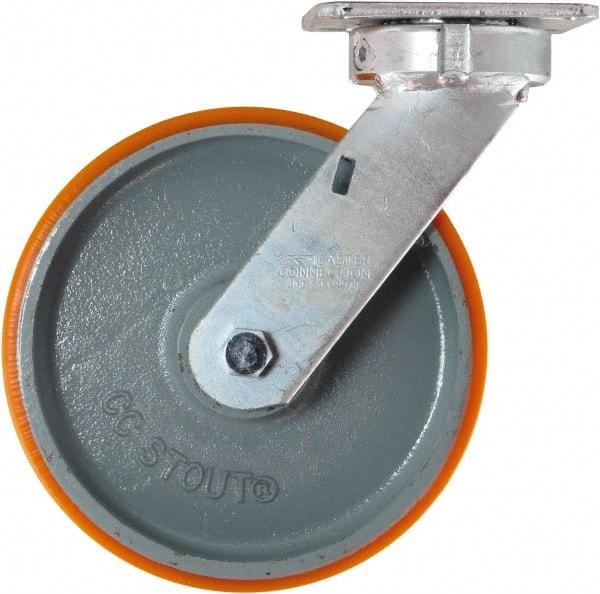 Caster Connection - 8" Diam x 2" Wide x 9-1/2" OAH Top Plate Mount Swivel Caster - Polyurethane on Iron, 1,500 Lb Capacity, Sealed Precision Ball Bearing, 4 x 4-1/2" Plate - Apex Tool & Supply