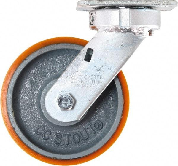 Caster Connection - 6" Diam x 2" Wide x 7-1/2" OAH Top Plate Mount Swivel Caster - Polyurethane on Iron, 1,250 Lb Capacity, Sealed Precision Ball Bearing, 4 x 4-1/2" Plate - Apex Tool & Supply