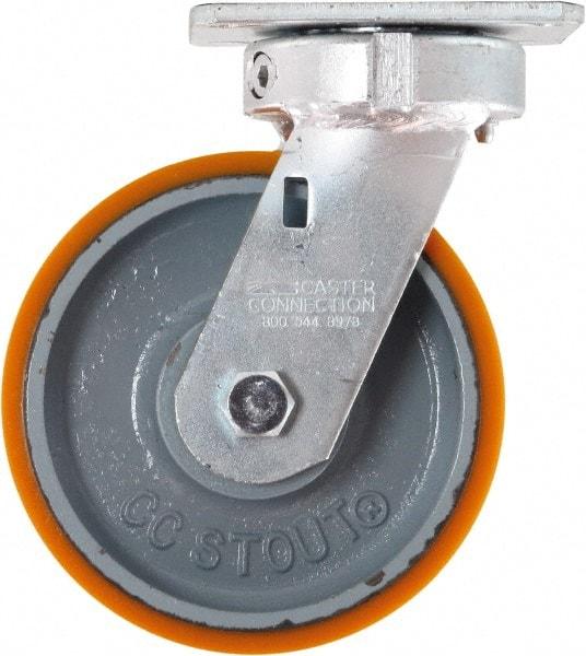 Caster Connection - 6" Diam x 2" Wide x 7-1/2" OAH Top Plate Mount Swivel Caster - Polyurethane on Iron, 1,250 Lb Capacity, Sealed Precision Ball Bearing, 4 x 4-1/2" Plate - Apex Tool & Supply