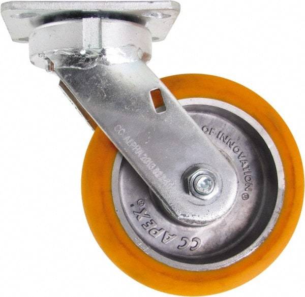 Caster Connection - 6" Diam x 2" Wide x 7-1/2" OAH Top Plate Mount Swivel Caster - Polyurethane on Aluminum, 1,000 Lb Capacity, Sealed Precision Ball Bearing, 4 x 4-1/2" Plate - Apex Tool & Supply