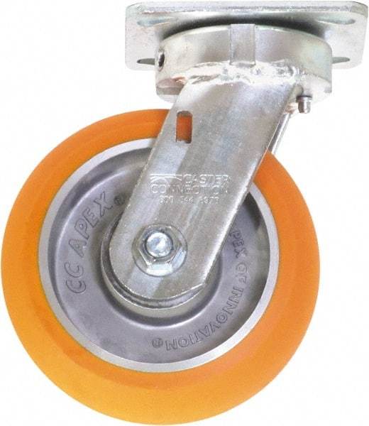 Caster Connection - 6" Diam x 2" Wide x 7-1/2" OAH Top Plate Mount Swivel Caster - Polyurethane on Aluminum, 1,000 Lb Capacity, Sealed Precision Ball Bearing, 4 x 4-1/2" Plate - Apex Tool & Supply