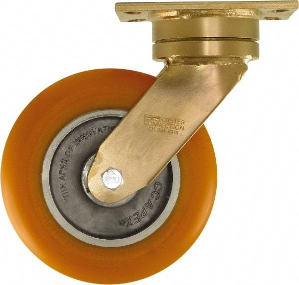 Caster Connection - 8" Diam x 2" Wide x 10-1/8" OAH Top Plate Mount Swivel Caster - Polyurethane on Aluminum, 1,200 Lb Capacity, Sealed Precision Ball Bearing, 4-1/2 x 6-1/4" Plate - Apex Tool & Supply