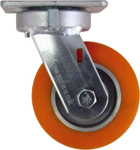 Caster Connection - 5" Diam x 2" Wide x 6-1/2" OAH Top Plate Mount Swivel Caster - Polyurethane on Aluminum, 750 Lb Capacity, Sealed Precision Ball Bearing, 4 x 4-1/2" Plate - Apex Tool & Supply